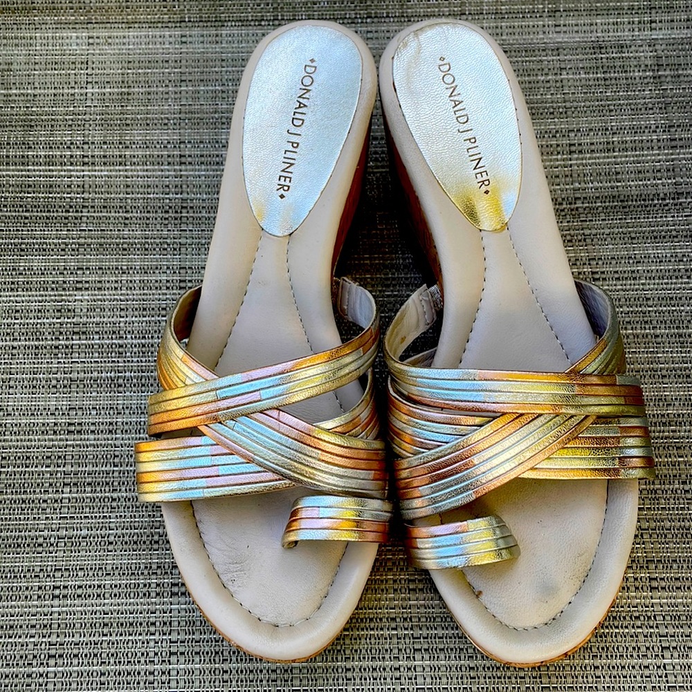 Donald J Pliner metallic cork wedge sandals, size 8M